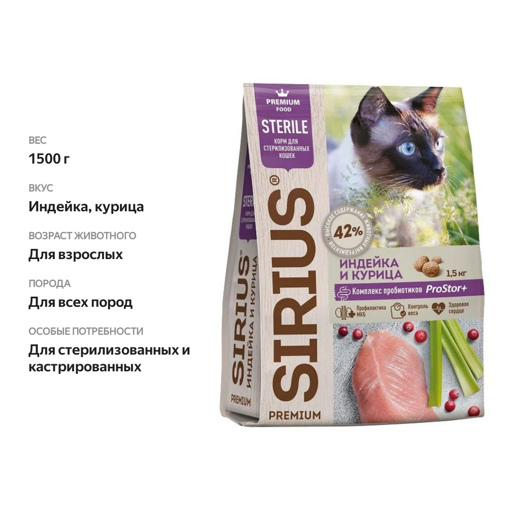 

Корм для кошек Sirius Индейка и курица для стерилизованных, 1.5 кг