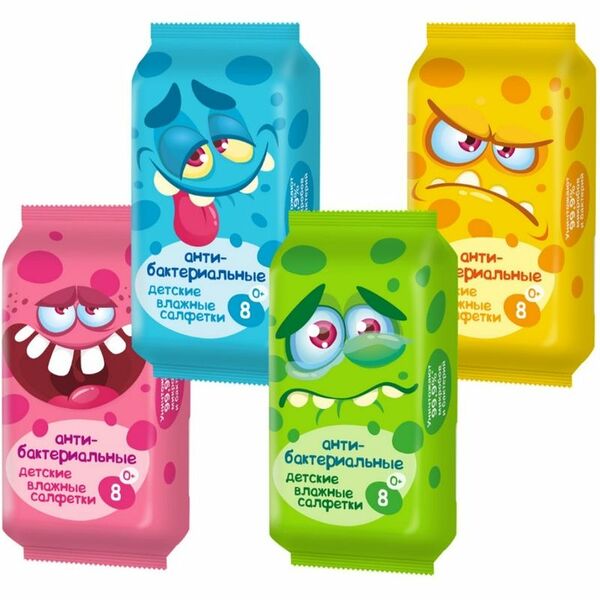 Салфетки влажные Авангард Monster антибактериальные 8 шт., дизайн в ассортименте