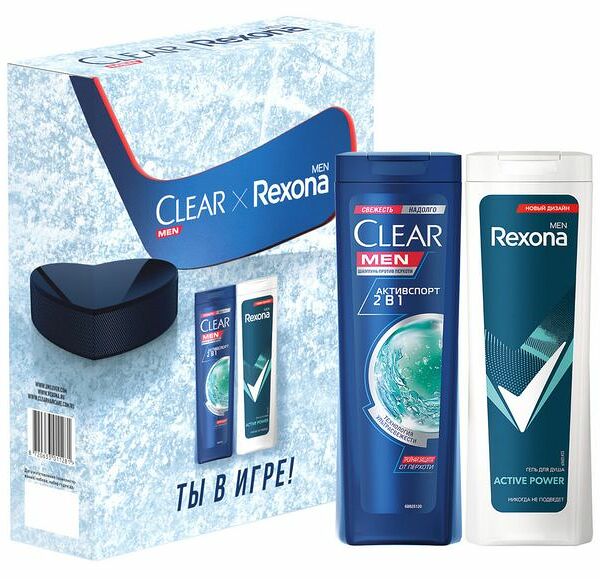 Набор подарочный Rexona и Clear Гель Men active power для душа 180мл и Шампунь 200мл, упаковка в ассортименте