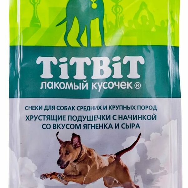 Лакомство для собак средних и крупных пород TiTBiT хрустящие подушечки с начинкой Вкус ягненок и сыр 95г