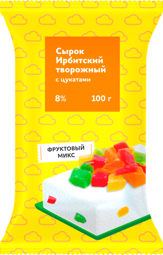 

Сырок творожный Ирбитское с цукатами Фруктовый микс 8% без змж 100 г