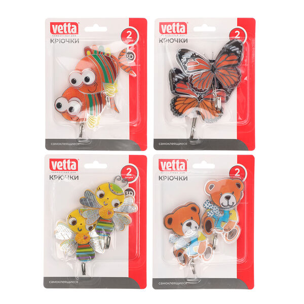 Vetta крючки самоклеящиеся, на блистере, 2шт, пвх, металл, 3d, 4 дизайна в ассортименте