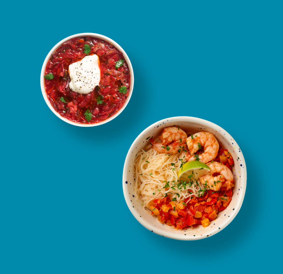 

Борщ «Уже готово» 270 г, + Рисовая лапша с креветками и овощами Азбука Life 235 г