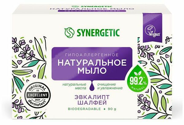 Натуральное мыло Synergetic для рук и тела, эвкалипт, шалфей 90 г