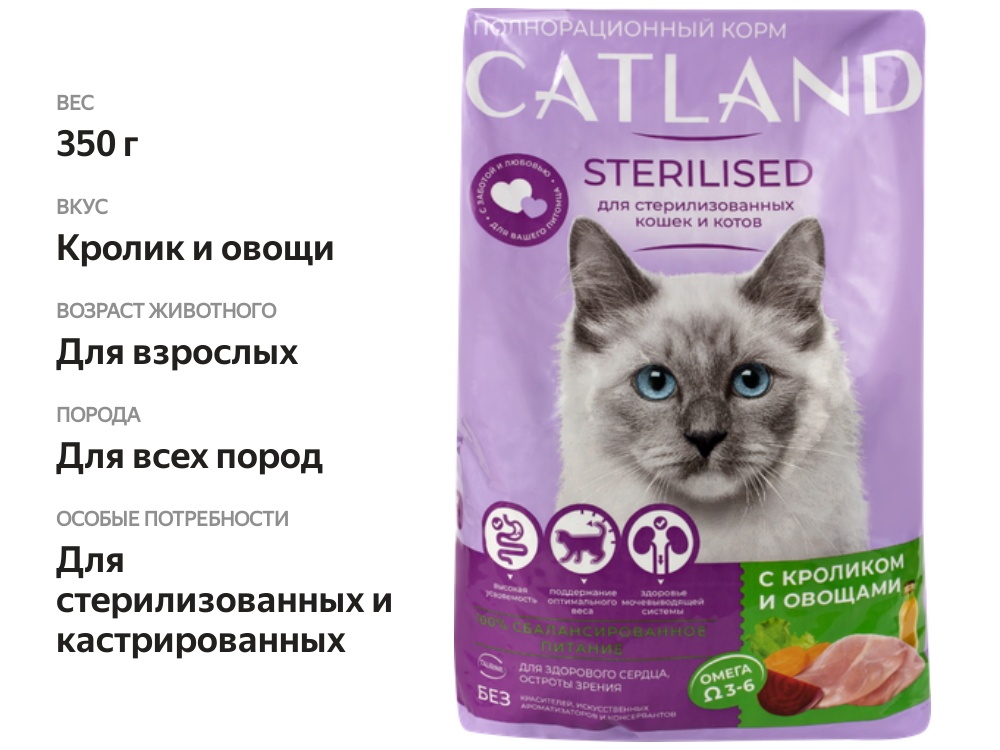 

Сухой корм Catland для взрослых стерилизованных кошек с кроликом и овощами полнорационный 350 г