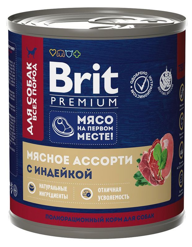 

Корм консервированный Brit Premium для собак всех пород мясное ассорти с индейкой 750 г