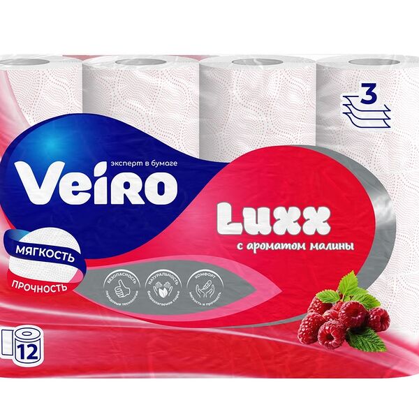 Бумага туалетная Veiro Luxoria с ароматом малины белая 3-слойная 12 рулонов
