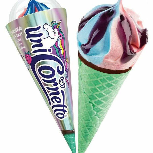 Мороженое Cornetto Единорог Молочное клубника-бабл-гам-черная смородина, рожок (Unilever), 73г