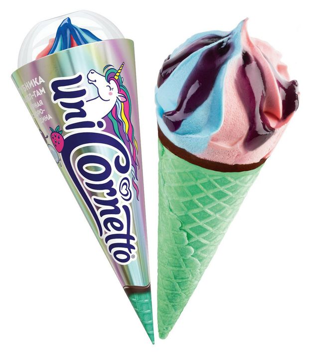 

Мороженое Cornetto Единорог Молочное клубника-бабл-гам-черная смородина, рожок 73 г