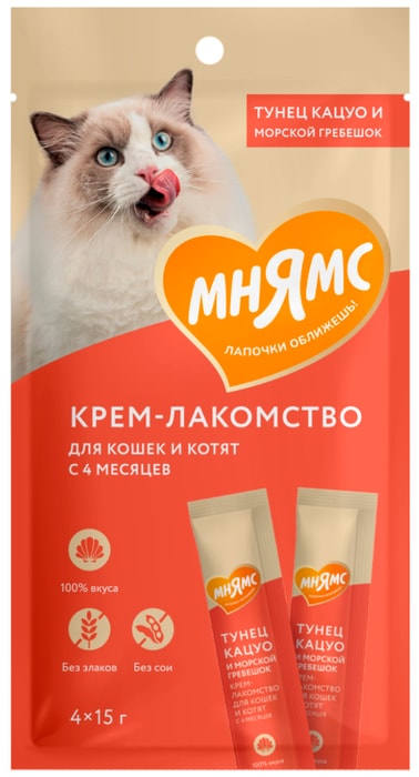

Крем-лакомство Мнямс для кошек Тунец Кацуо и Морской гребешок, 15 г х 4 шт