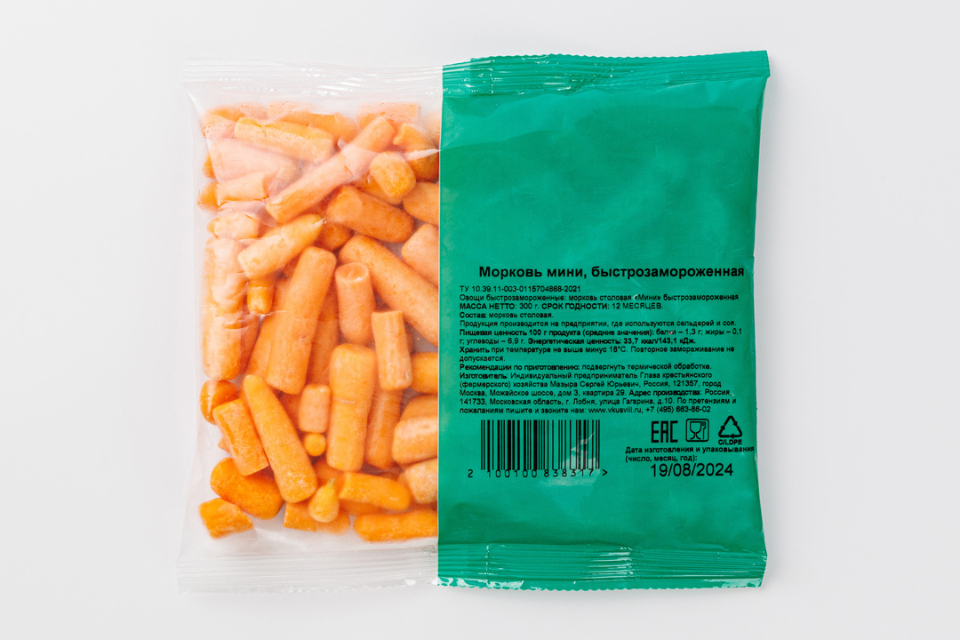 

Морковь мини, быстрозаморозка продукт замороженный 300г