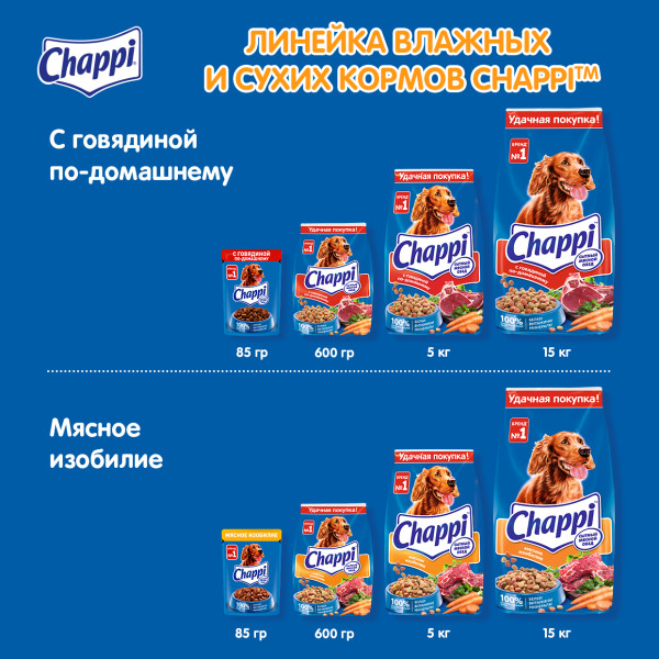 

Влажный корм для собак Chappi Сытный мясной обед с говядиной по-домашнему 85 г