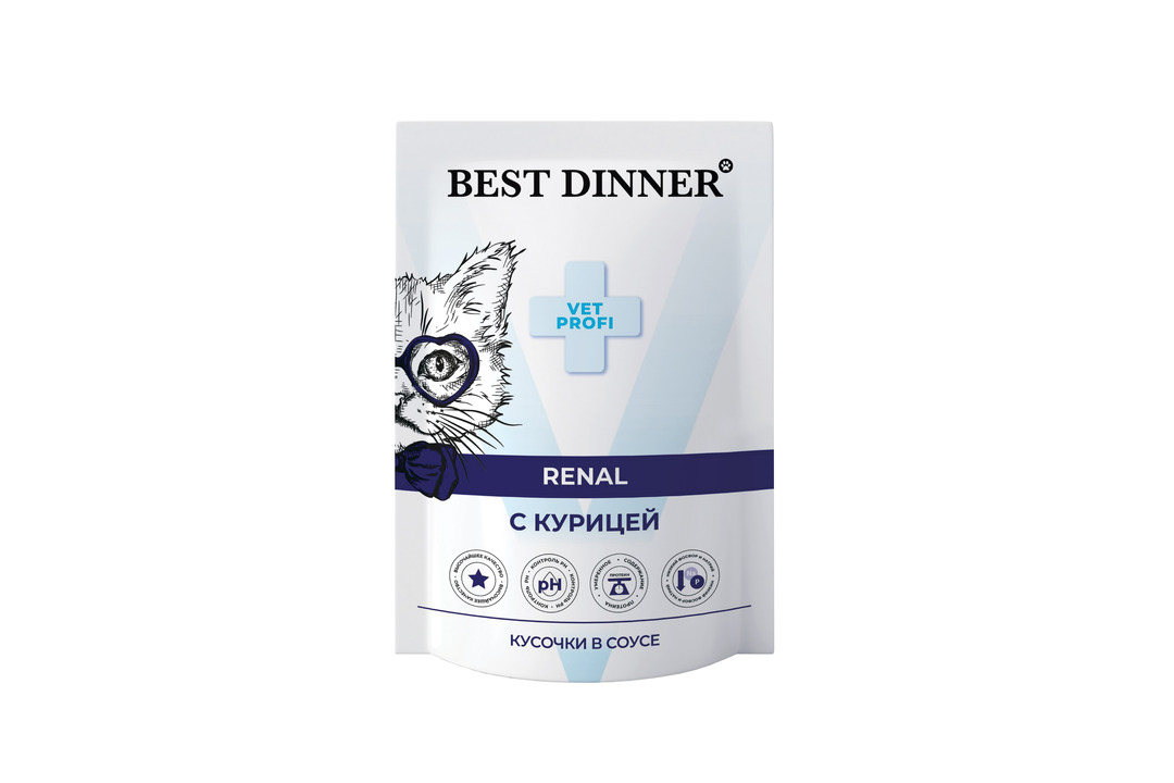 

Корм влажный Best Dinner Vet Profi Renal диетический полнорационный для кошек для профилактики заболевания почек кусочки в соусе с курицей 85 г