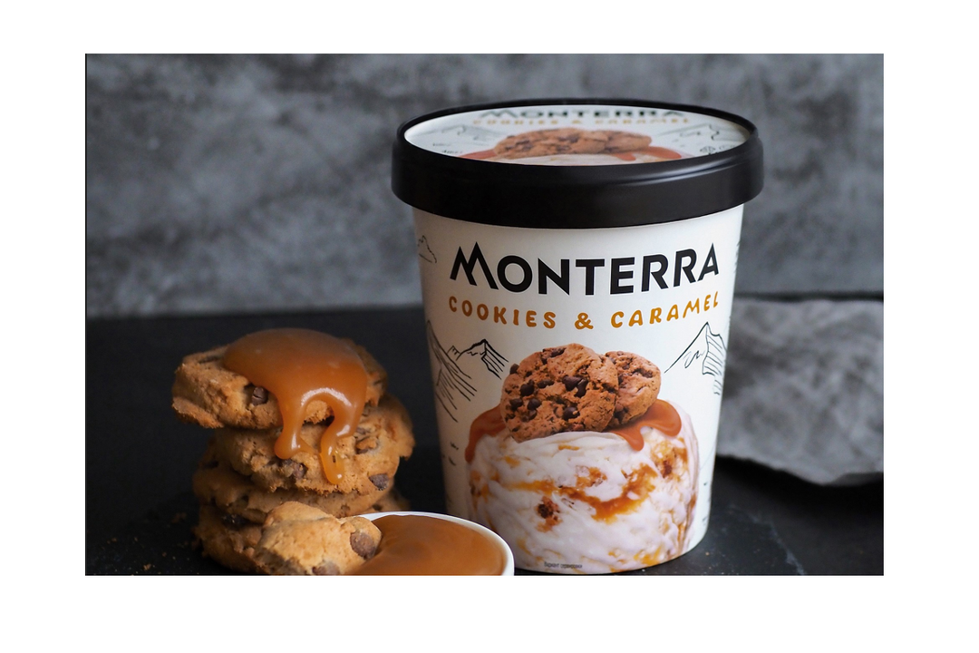 

Мороженое пломбир Monterra Cookies&Caramel Movenpick с карамельным соусом и кусочками печенья 298 г