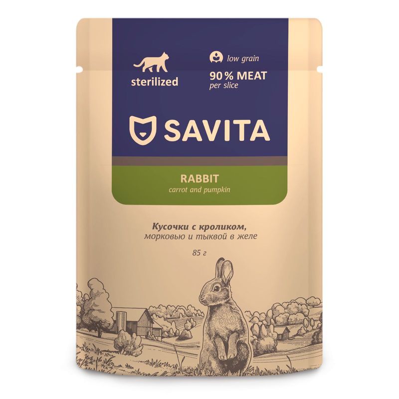 

Влажный корм Savita для взрослых кастрированных котов и стерилизованных кошек с кроликом и овощами в желе 85 г