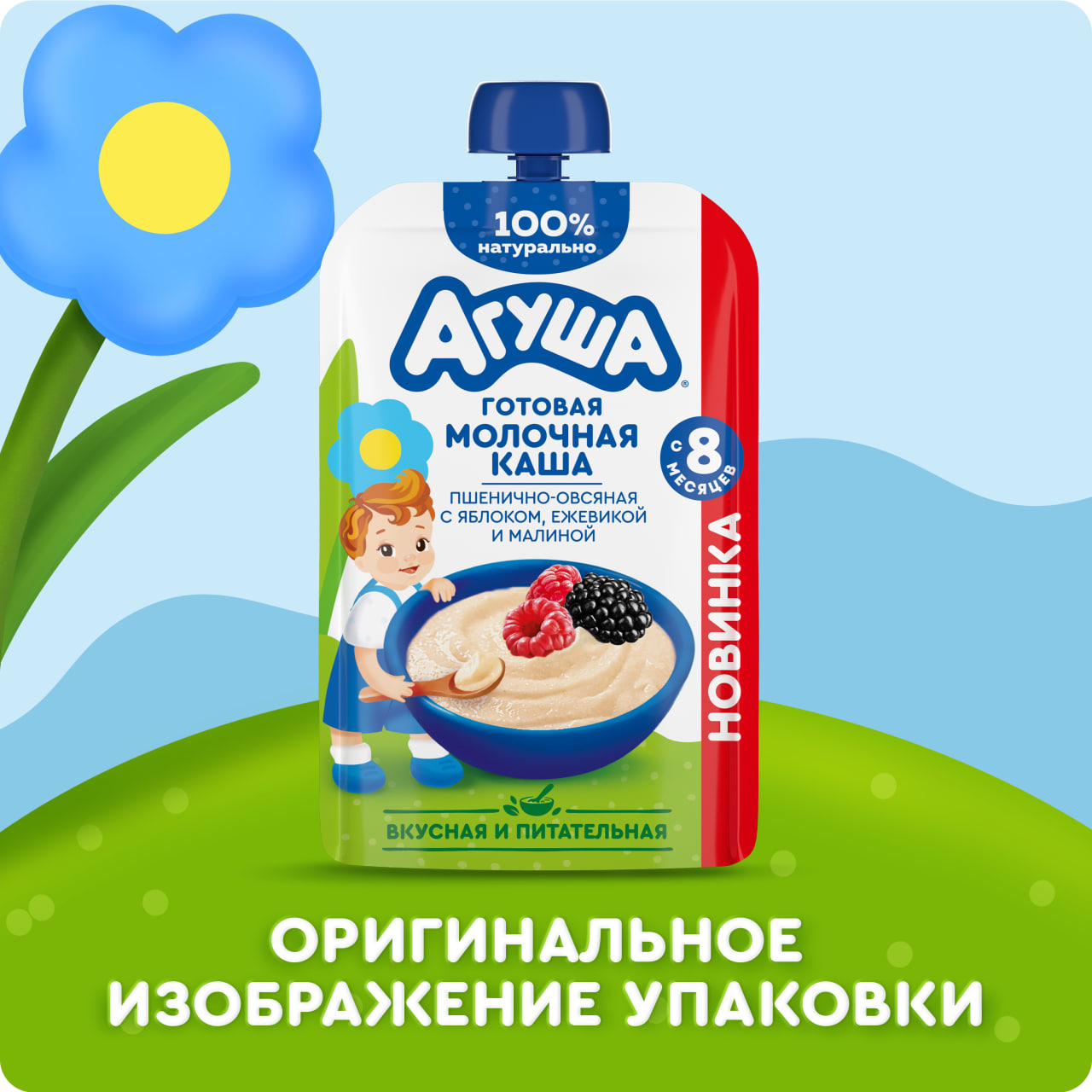 

Каша детская молочная Агуша Яблоко-ежевика-малина пшенично-овсяная с 8 месяцев 100 г