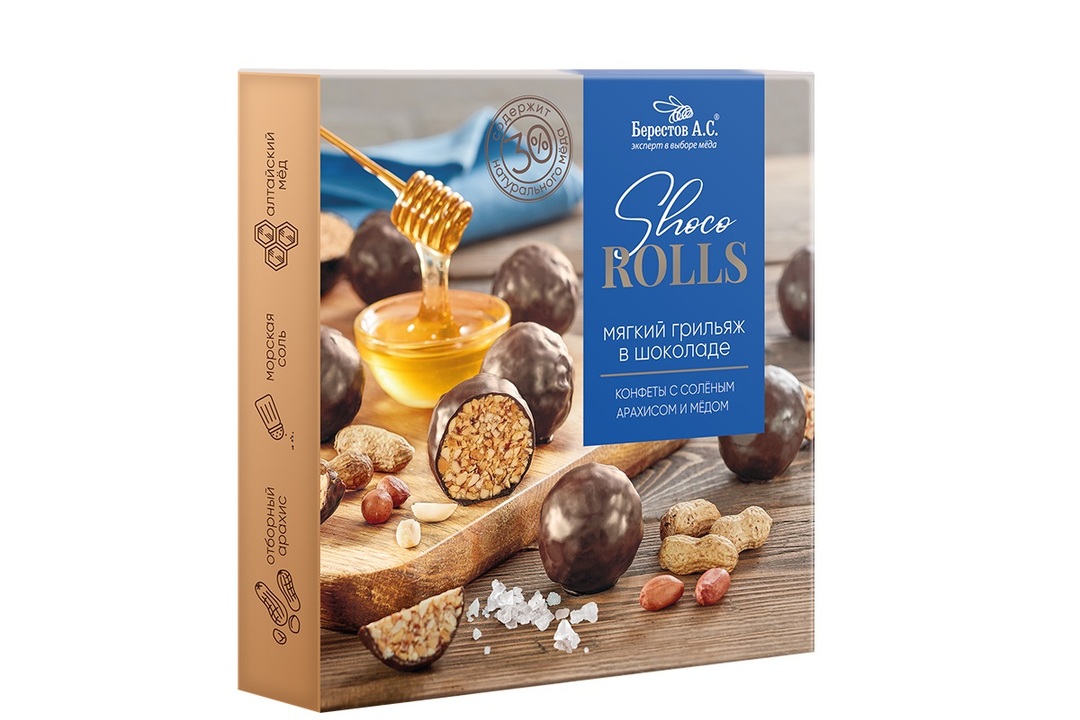 

Конфеты Берестов А.С. Shoco Rolls грильяж с мёдом и арахисо 135 г