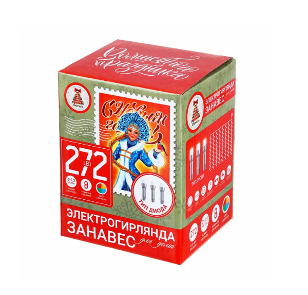 Гирлянда эл. Сноубум занавес, 272led, 2x1,5 м, мультицвет, 8 реж, пвх прозр., коннектор, 220в