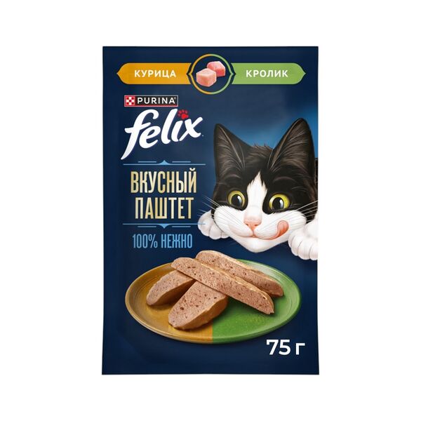 Корм конс полнорац д/взр кошек Felix паштет со вк курицы и кролика 75г пауч