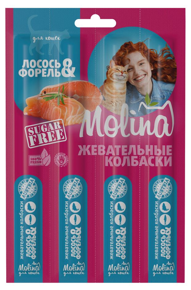 

Лакомство для кошек Molina жевательные колбаски Лосось и форель 20 г