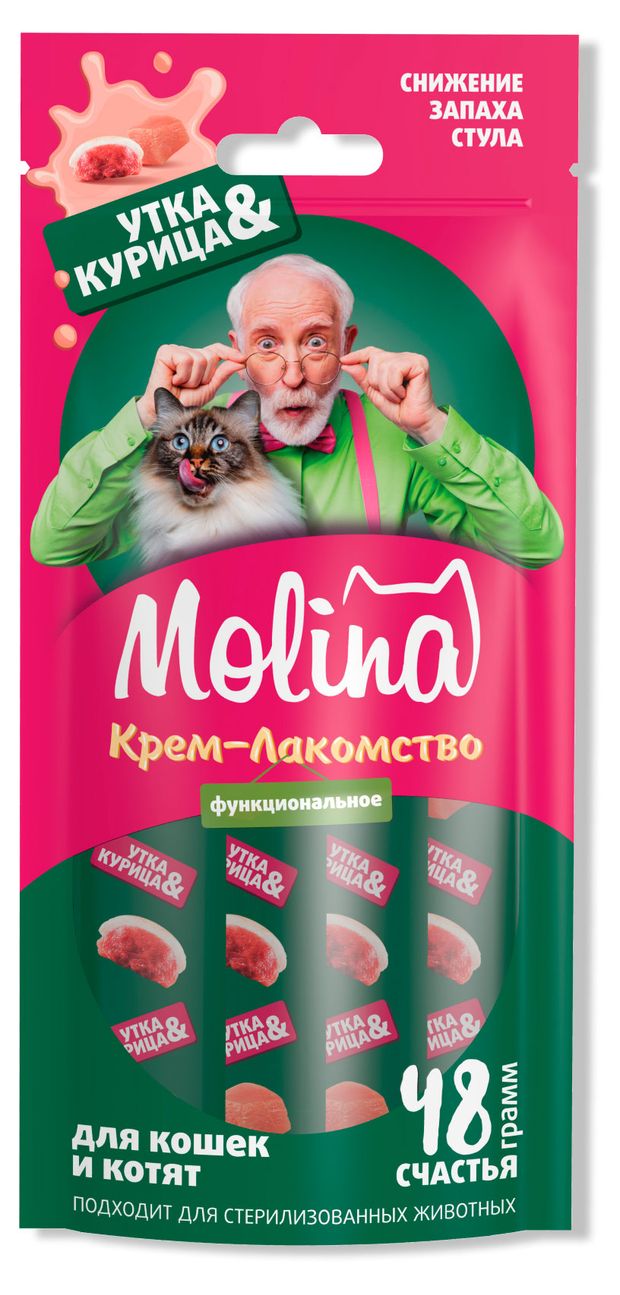 

Крем-лакомство Molina Снижение запаха фекалий Утка и Курица для кошек и котят, 48 г
