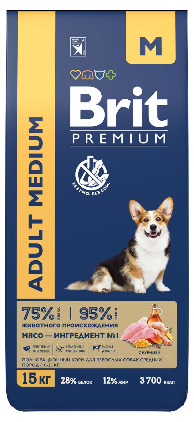 

Сухой корм для собак Brit Premium Dog Adult Medium средних пород, 15 кг