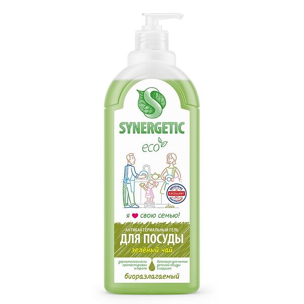 Средство для мытья посуды, фруктов и детских игрушек Synergetic Зеленый чай 1 л, крышка в ассортименте