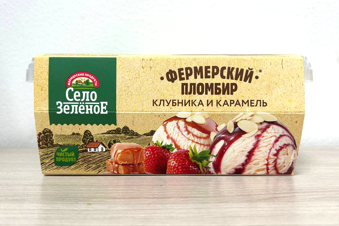 

Мороженое пломбир Село Зелёное Фермерский ванильное с клубникой и карамельным сиропом 450 г