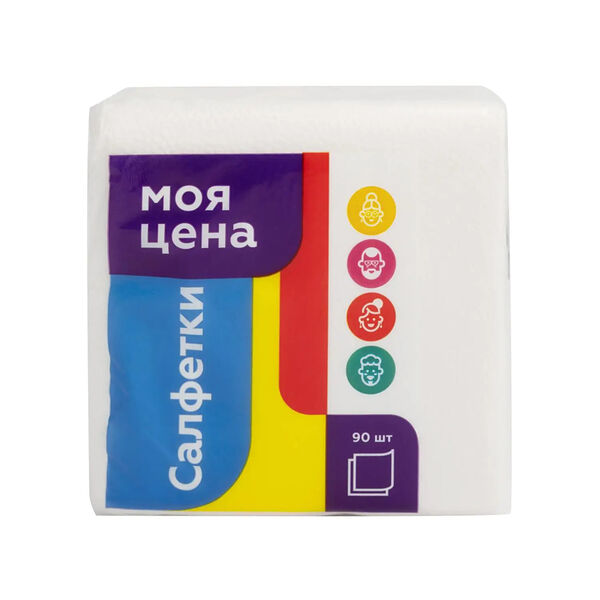Салфетки бумажные Моя цена белые с тиснением 1 слой 24*24 мм 90 шт
