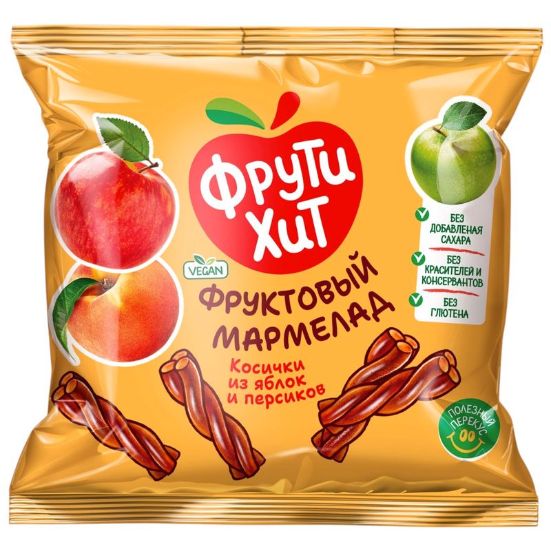 

Мармелад Фрути Хит Косички из яблок и персиков фруктовый жевательный 45 г