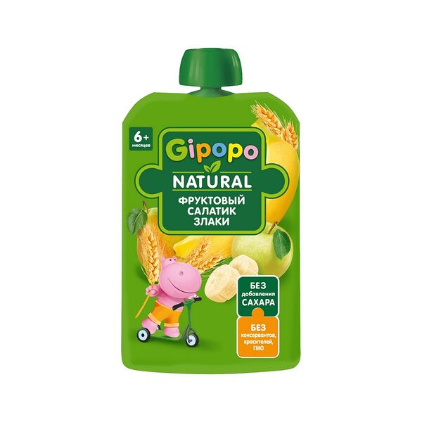 Пюре фруктовое Gipopo Фруктовый салатик и злаки 90г пауч ДП