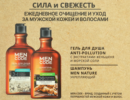 

Набор подарочный Men Code Открой свою силу: Крем-гель для душа 300 мл, Шампунь для волос 300 мл