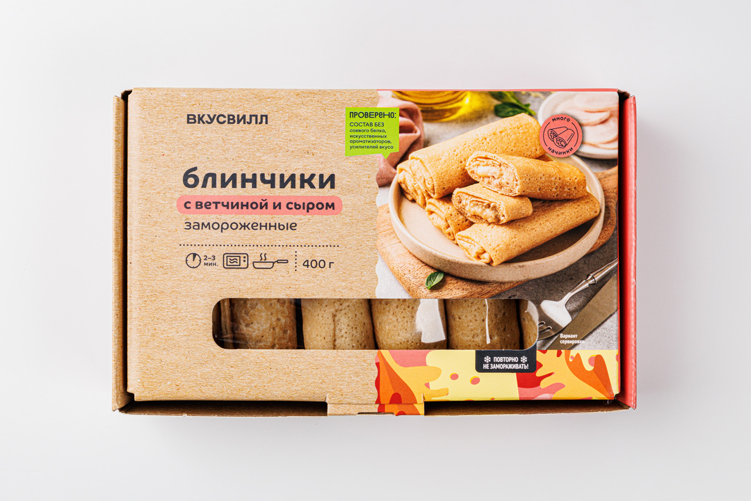 

Блинчики ВкусВилл с ветчиной и сыром, замороженные 400 г