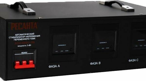 Стабилизатор напряжения Ресанта АСН-3000/3-ЭМ (трехфазный, 240 В - 430 В, 3 кВт, 50 Гц, клеммы, LCD-дисплей)