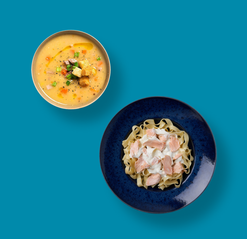 

Суп гороховый с копченостями Уже Готово 270 г + Феттучини с лососем и сливочным соусом Taste Of 255 г