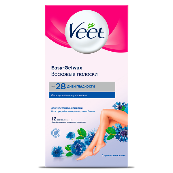 Восковые полоски Veet Easy-Gelwax для чувствительной кожи с васильком 12 шт