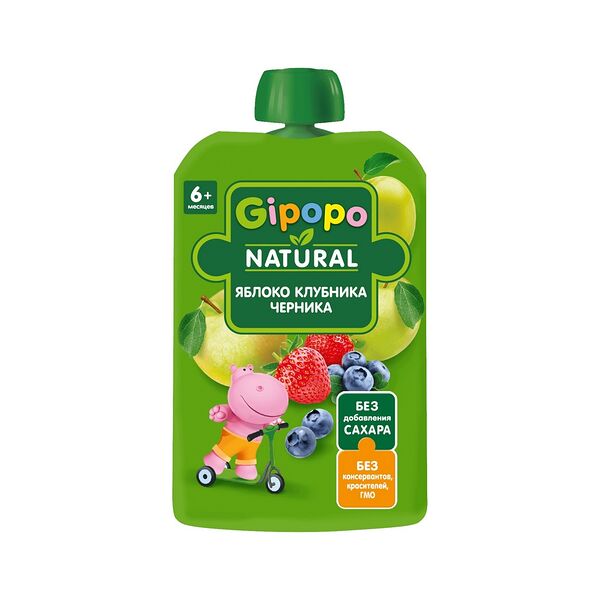Пюре фрукт-ягод Gipopo яблоко клубника черника 90г ДП