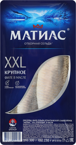 

Сельдь отборная Матиас ХХL Филе деликатесное в масле 300 г