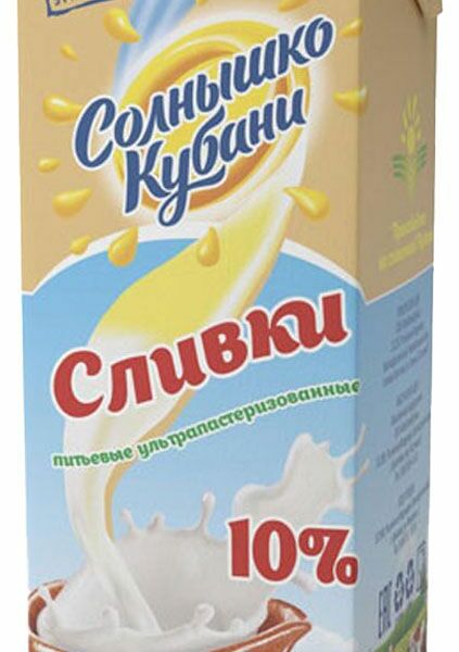 Сливки ультрапастеризованные Солнышко Кубани 10% БЗМЖ 1000 мл