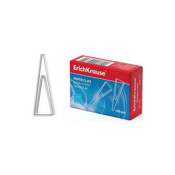 Скрепки металлические никелированные ErichKrause треугольные, 25мм, 100шт 24869