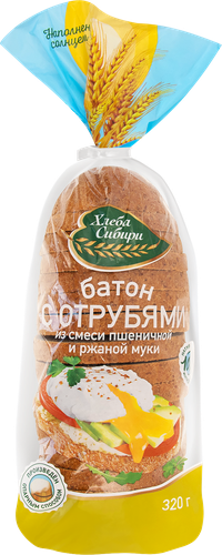

Батон Хлеба Сибири с отрубями ржано-пшеничный нарезанный 320 г