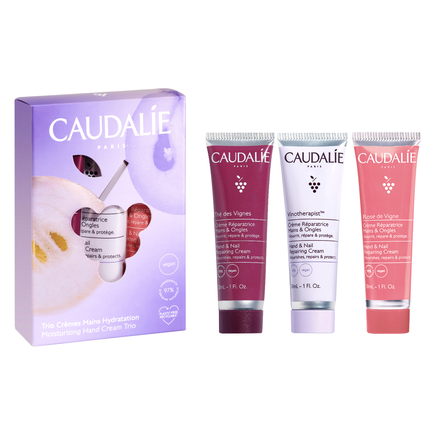 

Подарочный набор Caudalie Trio из изысканных кремов для рук и ногтей: Vinotherapist 30 мл, The des Vignes 30 мл, Rose de Vigne 30 мл