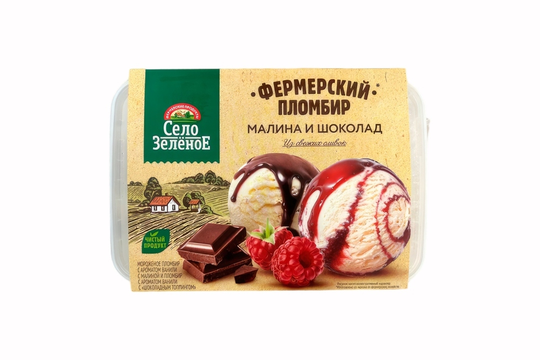 

Мороженое Село Зелёное пломбир с ароматом ванили с малиной и шоколадным топпингом 15% 450 г