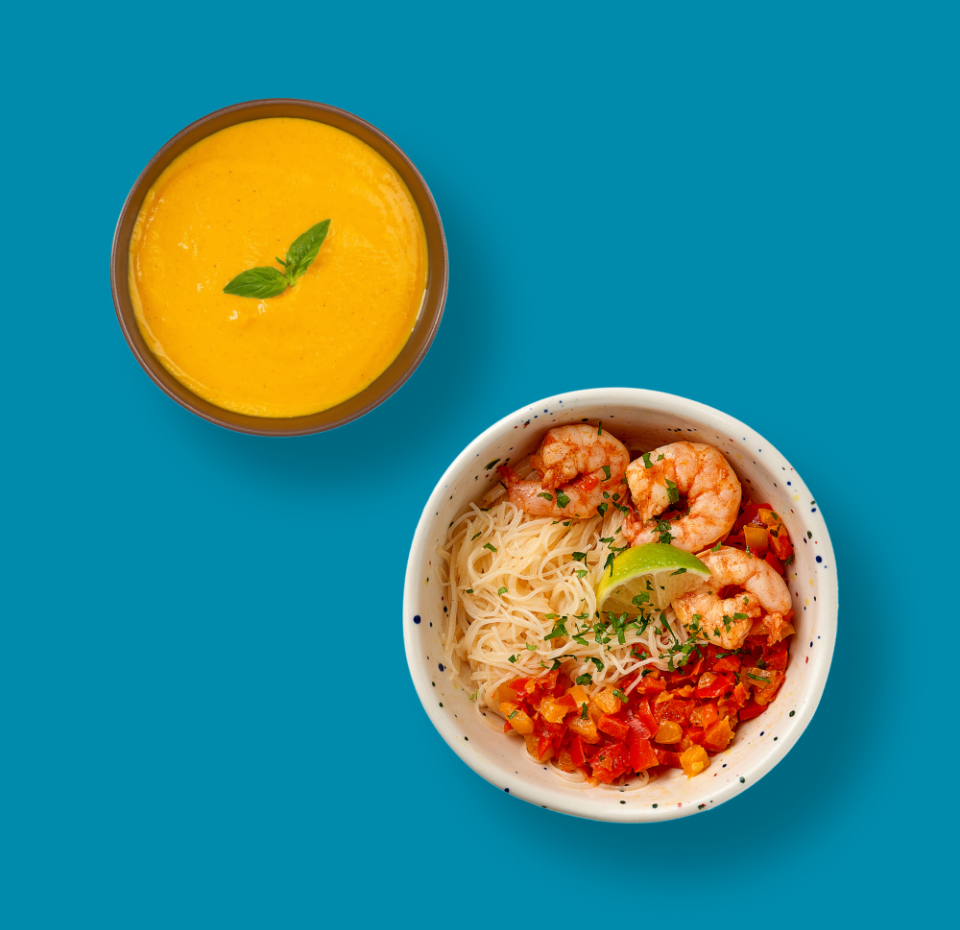 

Ланч Крем-суп «Марокканский» из тыквы «Уже готово» 270 г, + Рисовая лапша с креветками и овощами «Азбука Life» 235 г