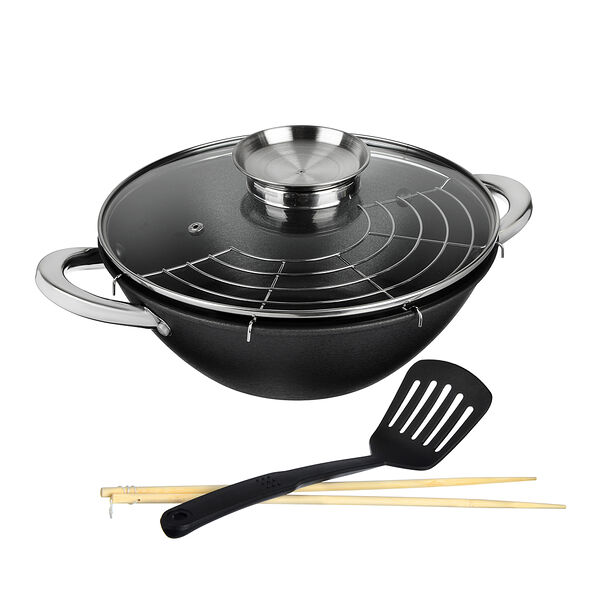 Satoshi казан чугун,26см,3л,антипр.покр, нерж.ручк, решетка, стекл.крыш,нейлон.лопатка,бамб.палочки