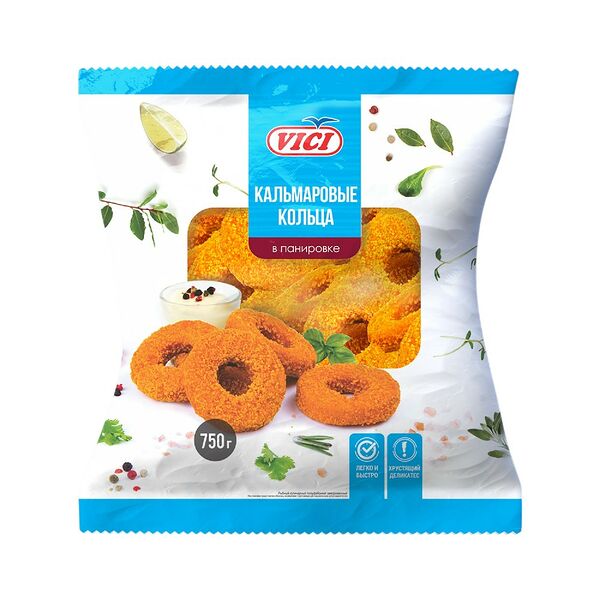 Рыбный п/ф кулин кольца из фарша кальмара гигант в панир обжар зам п/у VICI 750г
