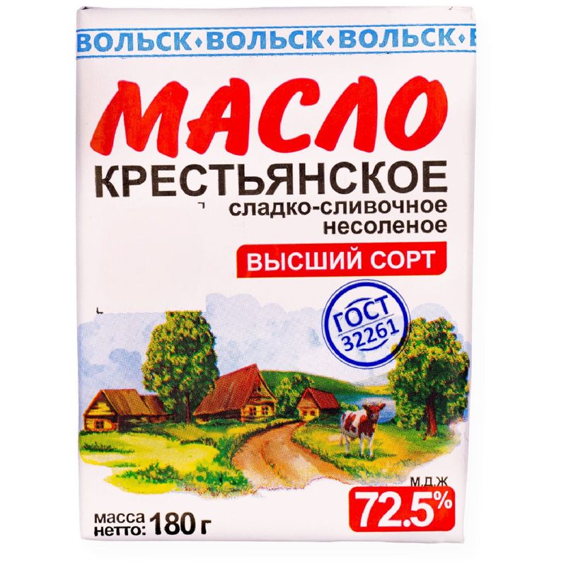 

Масло сливочное Вольск Крестьянское 72.5% 180 г