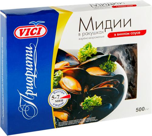 

Мидии варено-мороженые Vici Приорити в винном соусе в ракушках 500 г