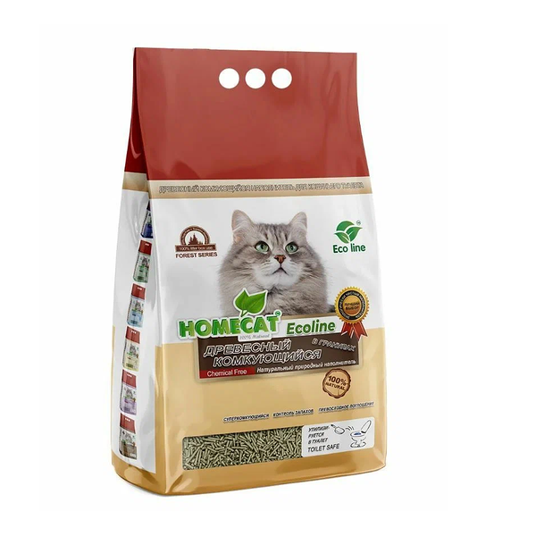 Наполнитель древесный Homecat Ecoline Комкующийся для кошачьих туалетов в гранулах 6 л