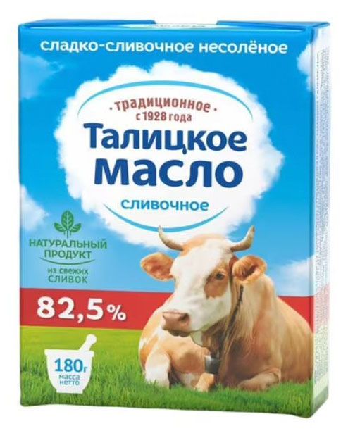 

Масло сладко-сливочное Талицкое Традиционное несолёное 82.5%, 180 г